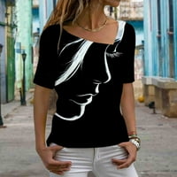 Clearsance Ljetni vrhovi za žene Trendy V-izrez casual bluza Ispisane žene Labavi kratkih rukava, crna,