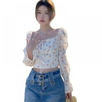 Korejski stil cvjetni mjehurić s rukavima u kvadratni ovratnik Halterneck Sweet Crop majica