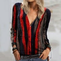 Ženska modna V-izrez patent zatvarača u boji trake za ispis dugih rukava bluze vrhovi