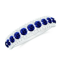Minimalni poluvremeni prsten sa stvorenim plavim safirom i dijamantima - AAAA Kvaliteta, 14k bijelo