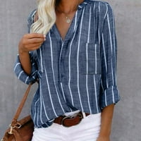 Ženske vrhove Henley Striped bluza Labavi ženski ljetni majice s dugim rukavima plavi s