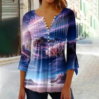 Huachen gumb dolje majice za žene Ljeto print Tunic Tops Dressy Casual Bell rukava V izrez opružne bluze