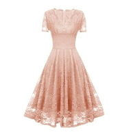 Ljetne haljine za žene V-izrez moda srednje dužine čipke A-line kratkih rukava ružičasta xl