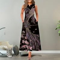 Ženska modna casual line haljina maxi dugi haljina džepa bez rukava proljeće i ljetni okrugli vrat stilski