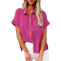 Ženska posteljina majica s majica kratki rukav labavi casual plus veličine bluze rever ovratnik vrh