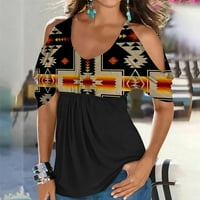 Hladne vrhove ramena za žene retro, seksi v izrez zapadnu plemensku etničku majicu s kratkim rukavima