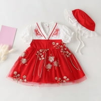 Slatke ljetne haljine za djevojčice u stilu kratkih rukava izvezene hat haljinom crvene 3m-6m