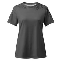 Ženska modna čipka šuplja Čvrsta boja okrugli vrat kratki rukav T-majica tamno siva xl