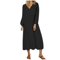 Ženska ljetna i jesenska modna modna V-izrez pamučna posteljina labava rukava dugih rukava, crna