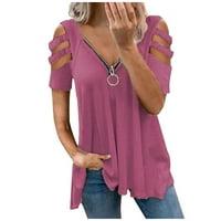 Žene Ljeto V izrez kratki rukav s kratkim rukavima labav čvrst izdubljeni zip t majice ružičasta 4xl