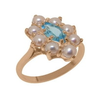 Britanska napravljena od 10k Rose Gold Prirodni plavi Topaz i kultivirani Pearl Womens Ring - Veličina