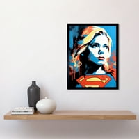 Supergirl linocut portret plava crvena žuta ženska stripa superheroj djevojke Djevojke Spavaća umjetnost