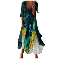 Ženska casual moda Print V-izrez Dvije set Ljeto Maxi haljina Sling Cardigan haljina, tamnozeleno, m