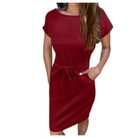Ženska modna ljetna COLL Color Crewneck kratki rukav džepna haljina za žensku haljinu s džepovima, crvena
