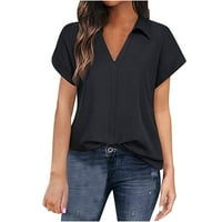 Modne žene kratki rukav V izrez Bluze s pola rukava s labavim top košulje crnim l