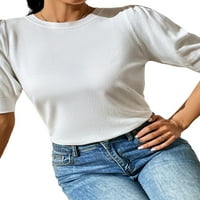 Eyicmarn ženski ljetni pleteni vrhovi, kratki puff rukav okrugli vrat čvrste boje Slim Fit majice