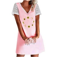 STAMZOD cvjetna haljina za žene suncokret za ispis V-izrez čipke kratkih rukava ružičasta L