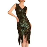 Aherbiu Womens Sequin Tassels Haljina V izrez bez rukava Shiny Night Club haljine Prom koktele Midi