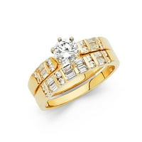 Čvrsta 14K žuta zlatna okrugla kubična cirkonija CZ svadbeni opseg i angažman mladenkini prsten Dvije
