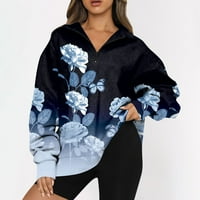 Qcmgmg ženska dukserica V izrez zip up osnovne pulover Žene cvjetne žene odjeće dugih rukava Polovina