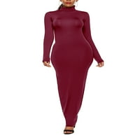 Glookwis Dame Solid Color Maxi Haljine Ležerne haljine Kaftan Sexy Wrap Haljina s visokim vratom Claret