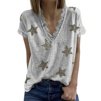 Podplug Žene Ljeto V-izrez Star Print kratki rukav čipkasti patchwork T-majice Bluza