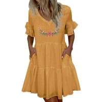 Ženska casual džepa zasebnica zasebne odjeće Frill s kratkim rukavima V majice zmajsko tiskano haljina Trendna plaža Ljeto Vintage Yellow, XXL