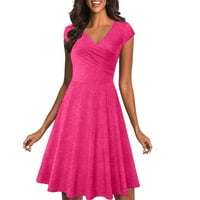 Ženske haljine kratki rukav A-linijski duljina koljena, modna ljetna čvrsta V-izrez haljina ružičasta