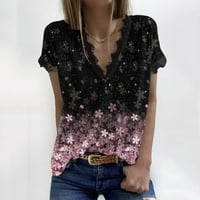 T majice za žene Trendy grafički ljetni čipka cvjetni kratki rukav V izrez tiskani labavi bočni split