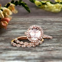 14k Rose Gold 2. Carat Round Cut Morgarite Trio Set Angažovački prsten Halo Stacking Podudarni pojas