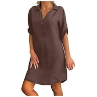 Haljine za žene modne žene plus veličine čvrste pamučne posteljine okreću se ovratnik haljina od labave
