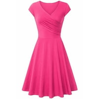 Tkinga moda Žene Ljetne casual kratkih rukava Nasled haljine V-izrez Solid Midi Frame haljine ružičaste