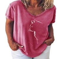 Eleluny Women s kratkim rukavima Slobodne majice V izrez Cat Print Tops Bluza plus veličina ruža crvena