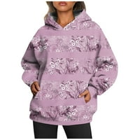 HHEI_K Womens dukseva Ženska modna rukav sa dugim rukavima Okrugli vrat Fleece Floral Print s kapuljačom