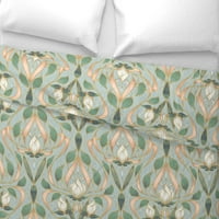 Cover Cover Saten Duvet, King King - Nouveau mint zeleni cvjetni cvjetni cvjetovi elegantni ispis posteljinu