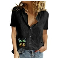 Ženske košulje Ženski modni kratki rukav Okrugli vrat Prednji rame Retro Ljetna labava majica Top Black